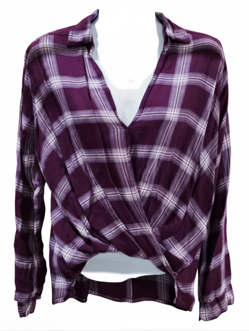Hollister Burgundy Plaid Surplice Faux Wrap Long Sleeve Button Cuff Blouse S